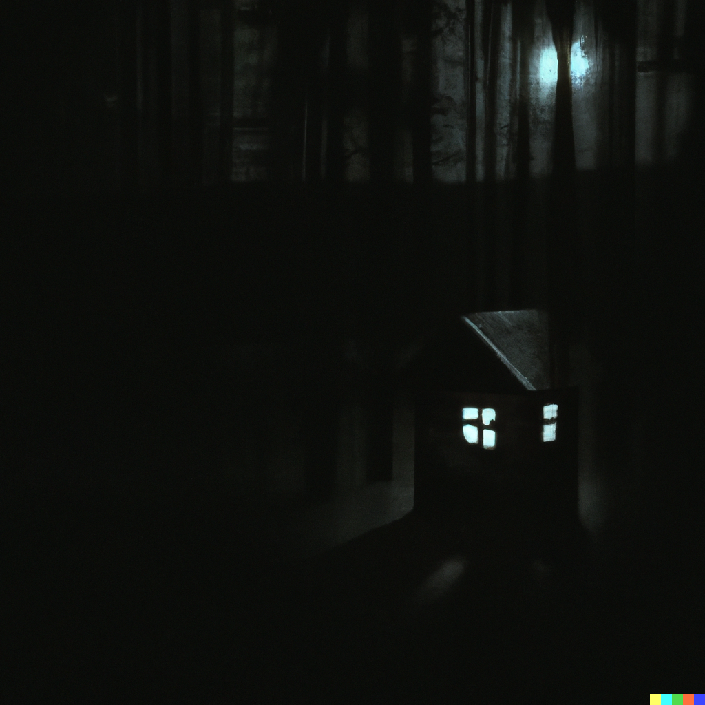 DALL·E 2023-01-05 17.11.07 - At night against the background of a large forest a small wooden ...png