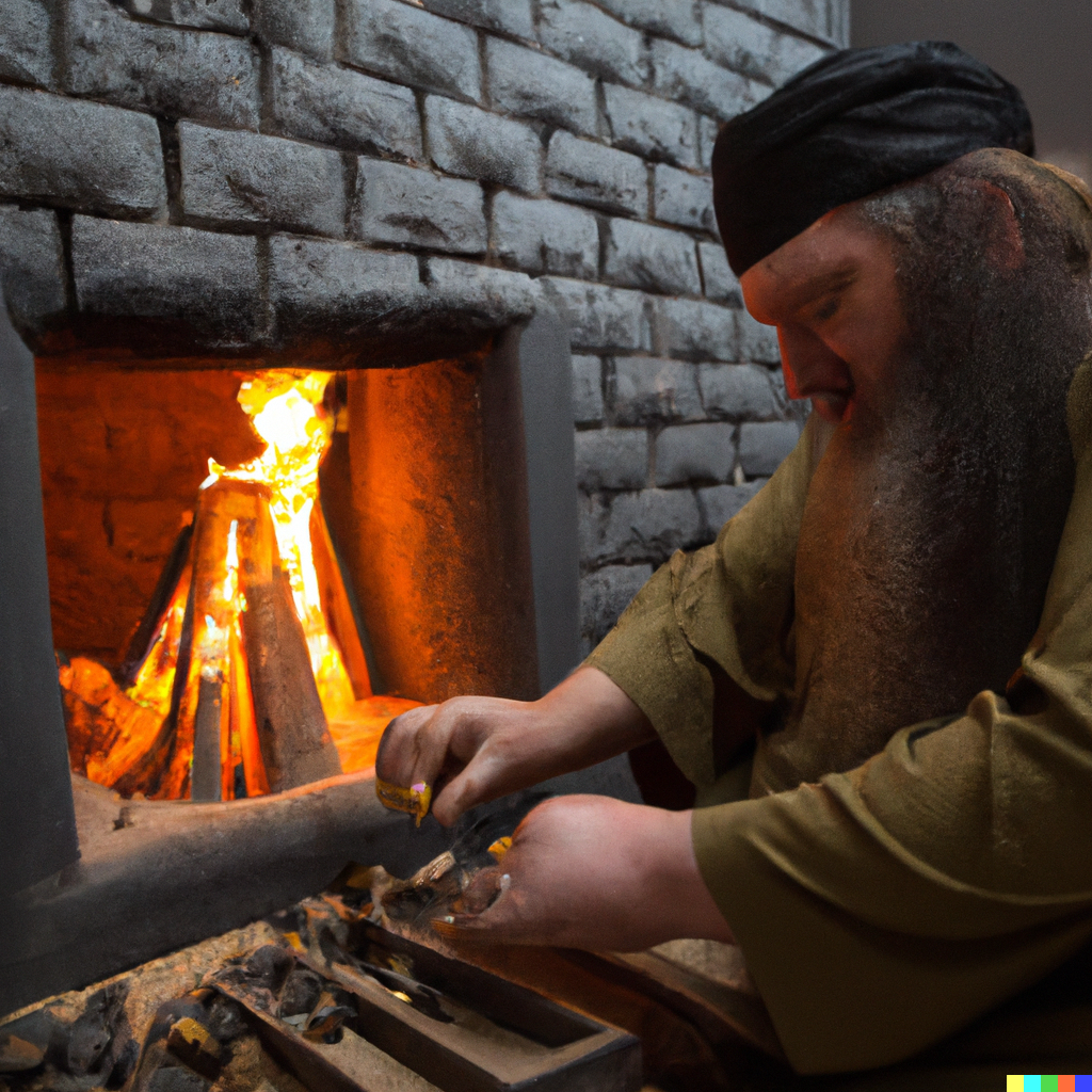 DALL·E 2023-02-26 20.56.56 - A man with a long beard wearing a dark robe and turban holds two ...png