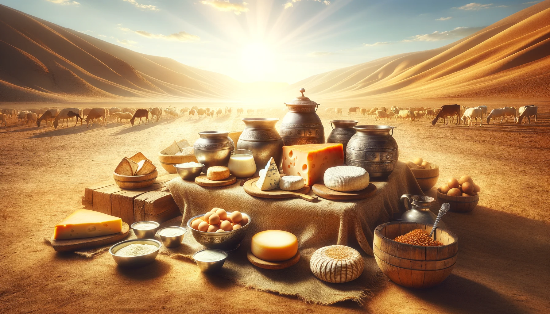 DALL·E 2024-06-01 08.54.20 - A desolate desert with bright sunlight, a cloth spread in the mid...png