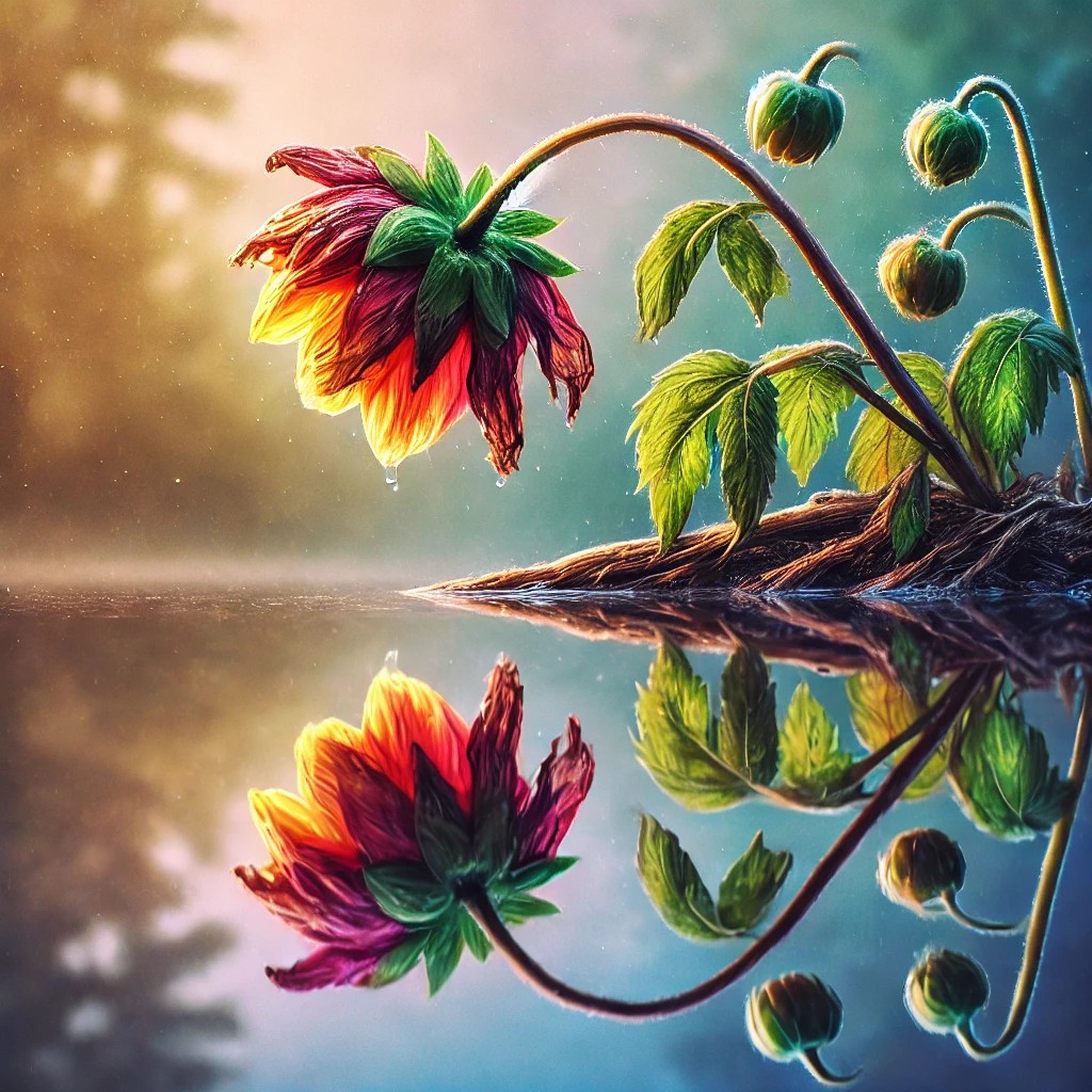 DALL·E 2024-11-10 22.13.30 - A wilted flower with drooping petals and faded colors stands by t...jpg