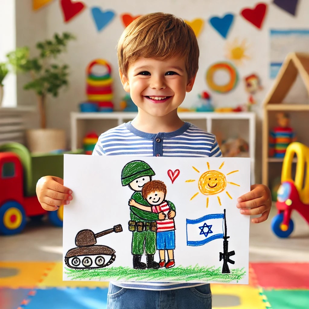 DALL·E 2024-12-08 00.25.38 - A cheerful 4-year-old boy smiling while holding a simple drawing ...jpg