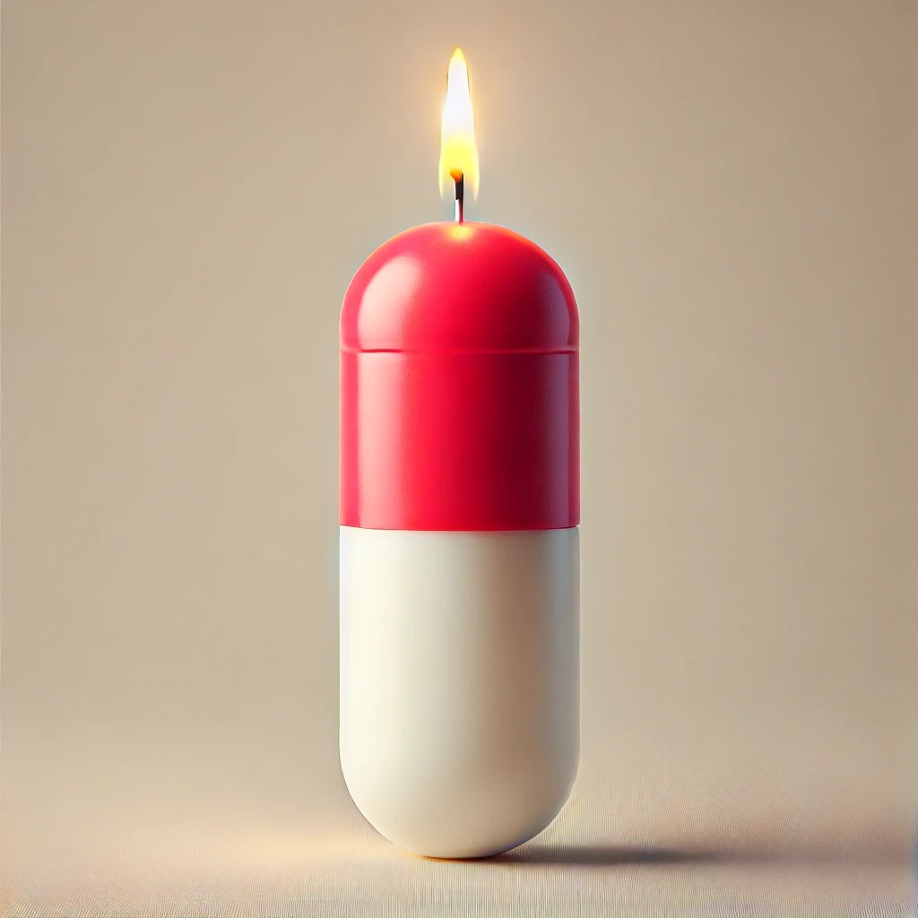 DALL·E 2024-12-26 01.22.20 - A creative illustration of a candle shaped like a pill, with the ...jpg