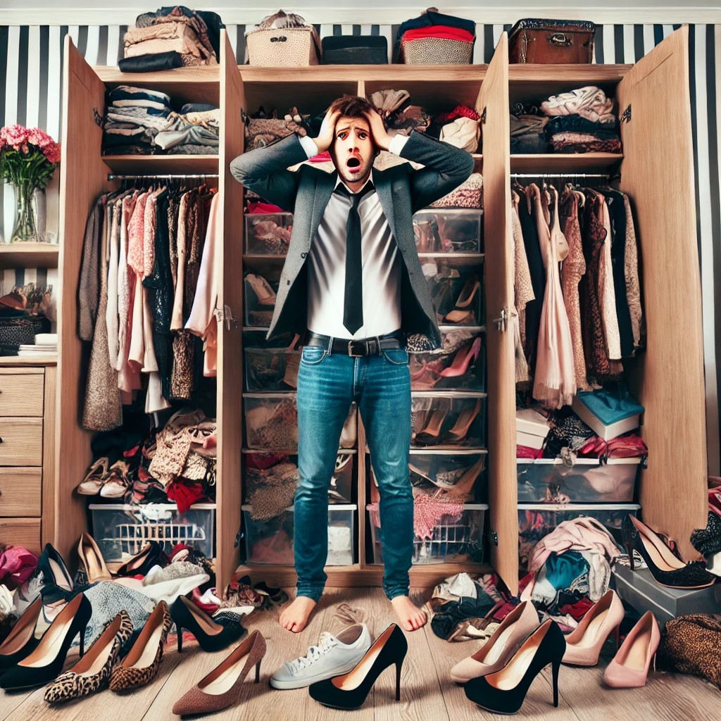 DALL·E 2025-01-08 13.35.01 - A man standing in front of a wardrobe overflowing with women's cl...jpg
