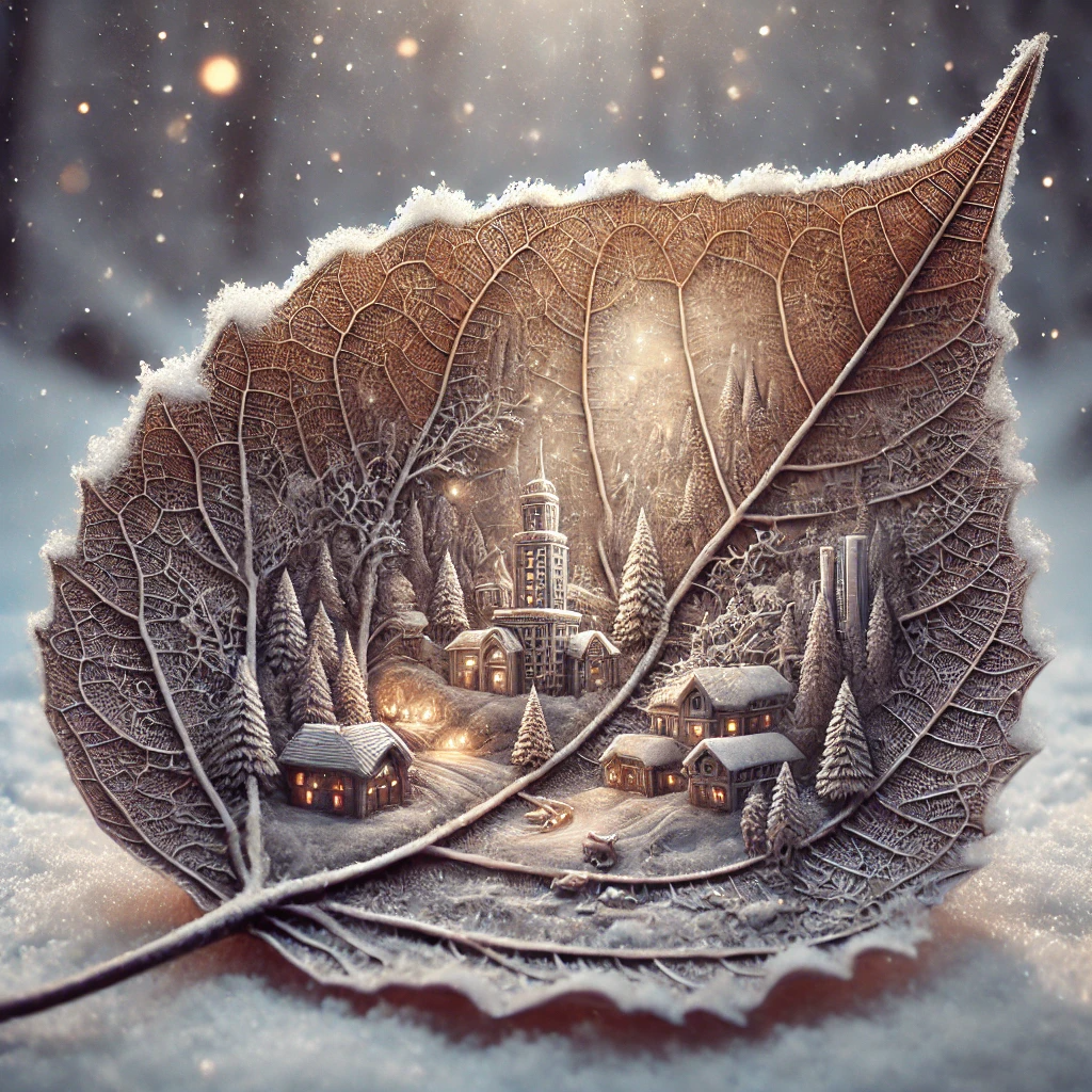 DALL·E 2025-01-11 19.08.41 - A detailed and artistic depiction of a leaf resting on snow, with...png