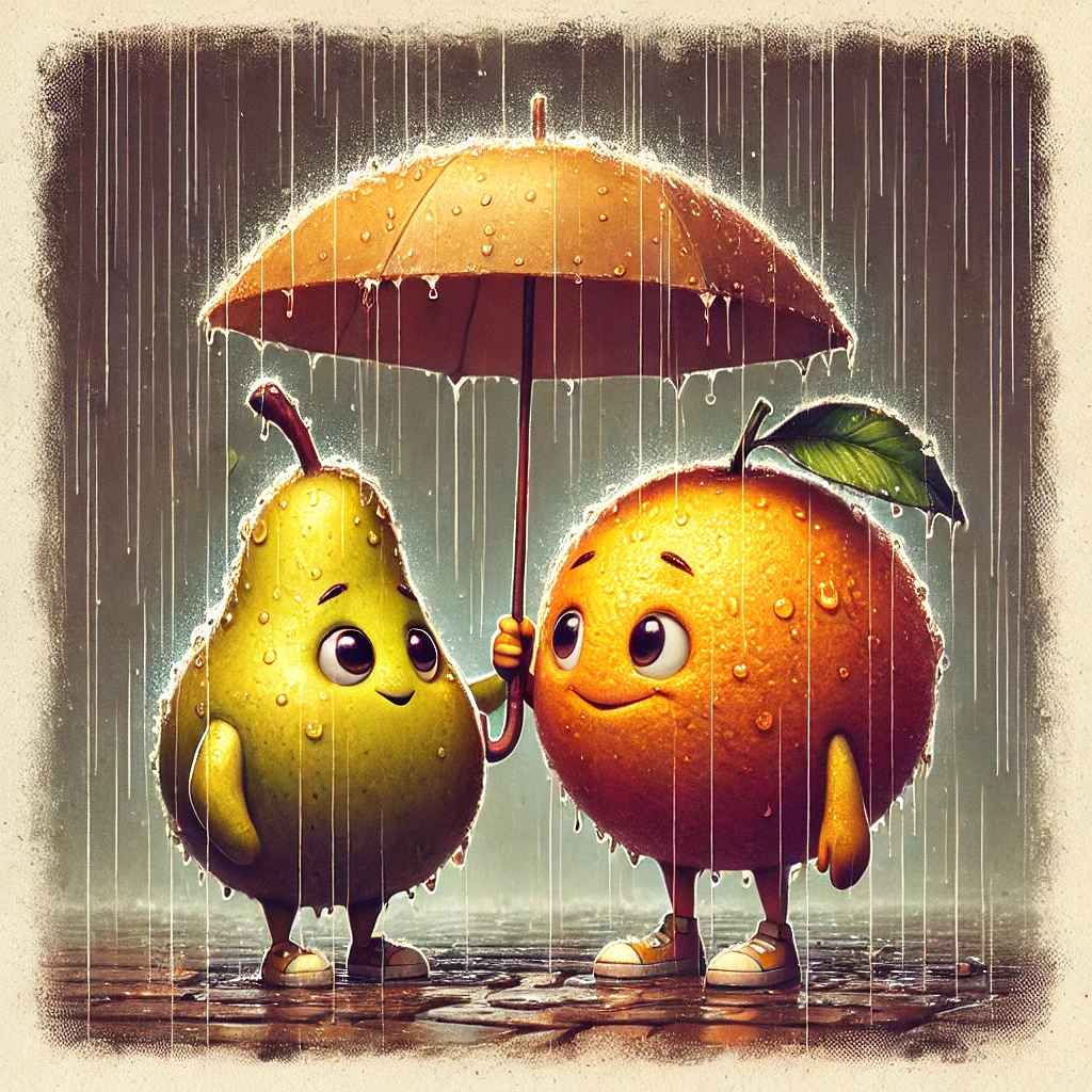 DALL·E 2025-01-13 01.31.28 - An adorable anthropomorphic pear holding an umbrella in the rain,...jpg