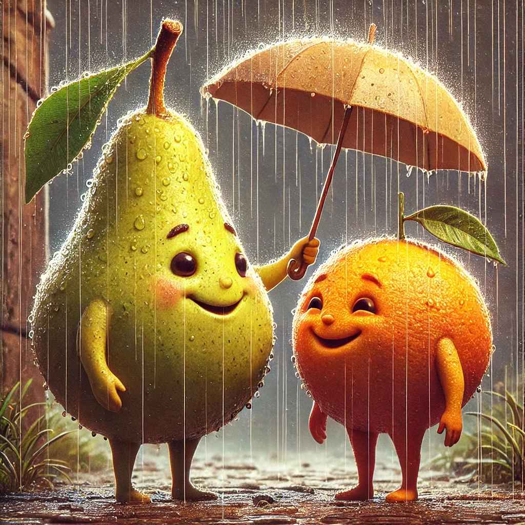 DALL·E 2025-01-13 01.39.08 - An adorable anthropomorphic pear holding an umbrella in the rain,...jpg