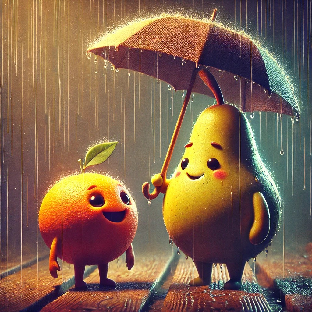 DALL·E 2025-01-13 12.23.34 - A charming and adorable anthropomorphic pear holding an umbrella ...jpg