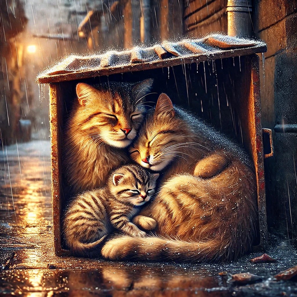 DALL·E 2025-01-13 22.32.59 - A heartwarming scene of a beautiful cat family under a street dum...jpg