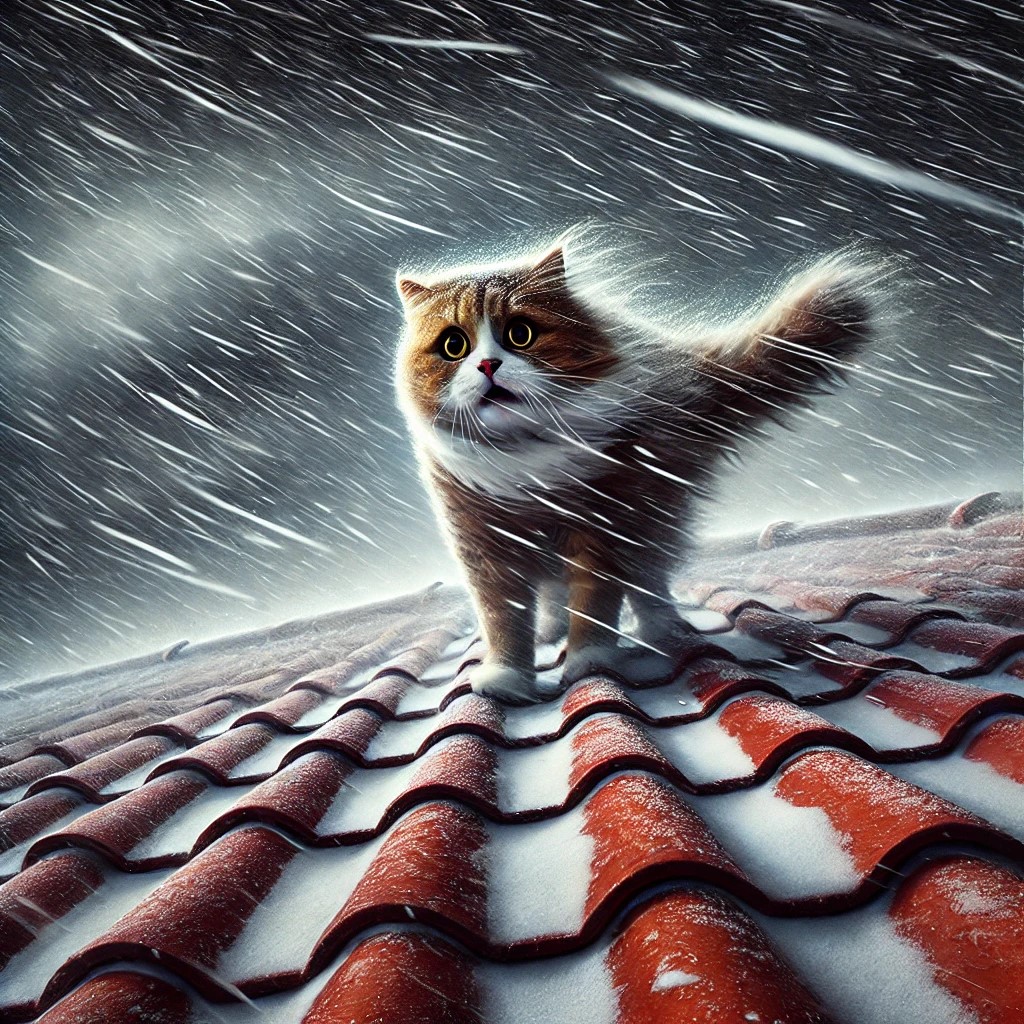 DALL·E 2025-01-14 23.03.44 - A terrified cat standing on a red tiled roof, surrounded by a hea...jpg