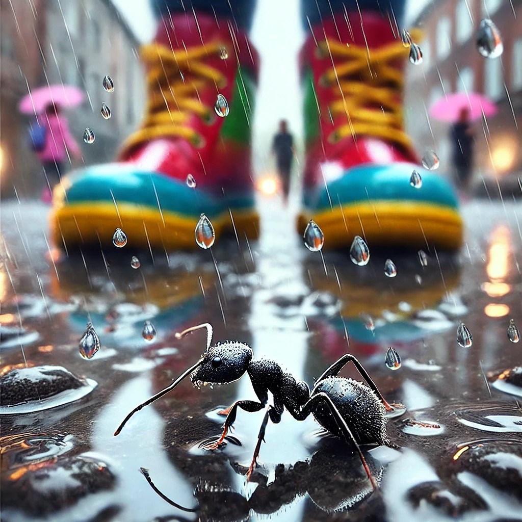 DALL·E 2025-01-14 23.09.55 - A rainy street scene focusing closely on an ant, showing the deta...jpg