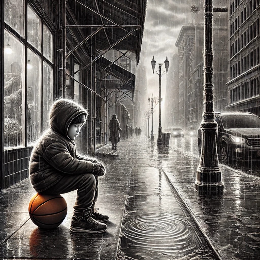 DALL·E 2025-01-19 00.11.37 - A detailed grayscale city street scene during a rainy day, with w...jpg