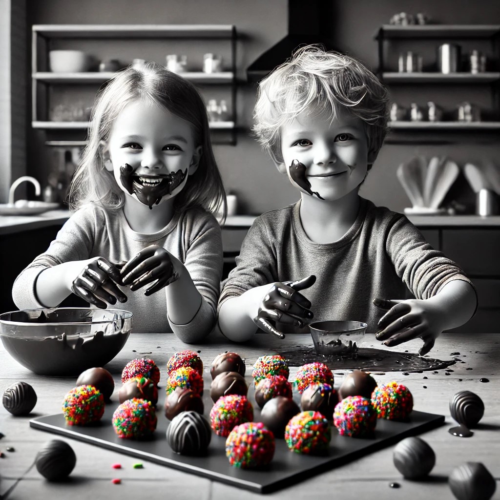 DALL·E 2025-01-19 02.17.16 - A grayscale image of two young children in a modern kitchen, knee...jpg