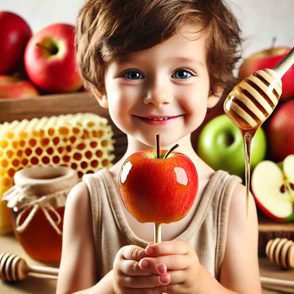 DALL·E 2025-01-20 09.13.00 - A cute and happy child holding a whole apple on a stick, dipped i...jpg