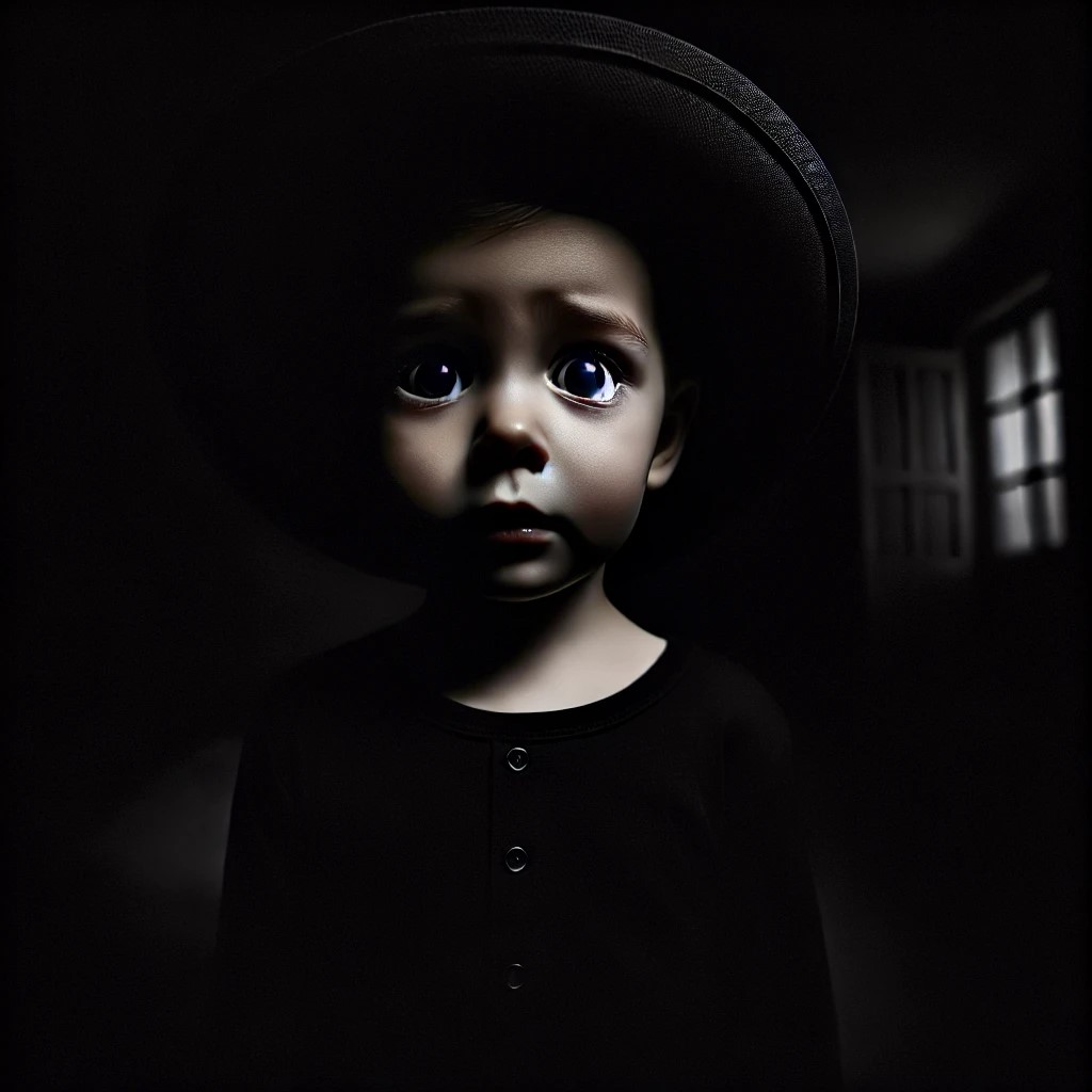 DALL·E 2025-01-22 23.00.20 - A very dark room with minimal light, revealing the scared face of...jpg