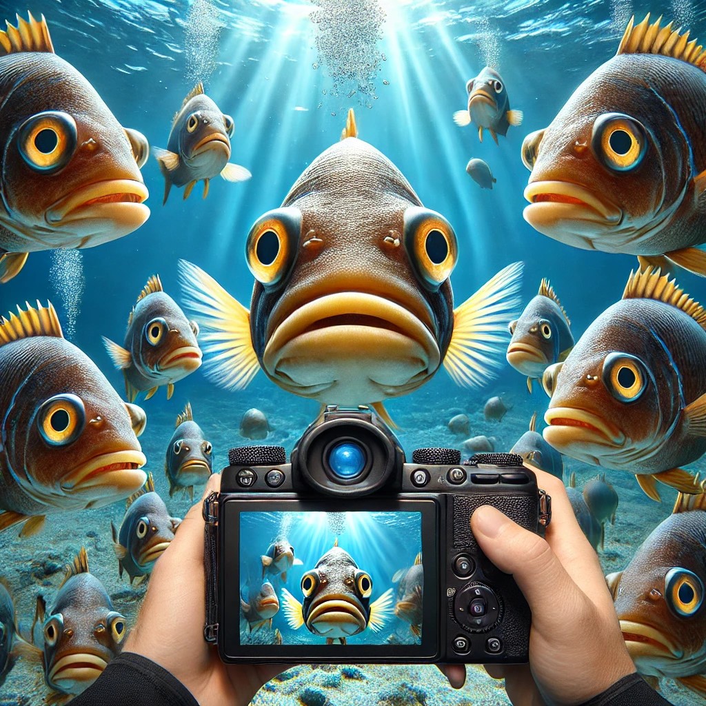 DALL·E 2025-01-26 01.44.23 - A super realistic underwater image of a fish staring curiously an...jpg