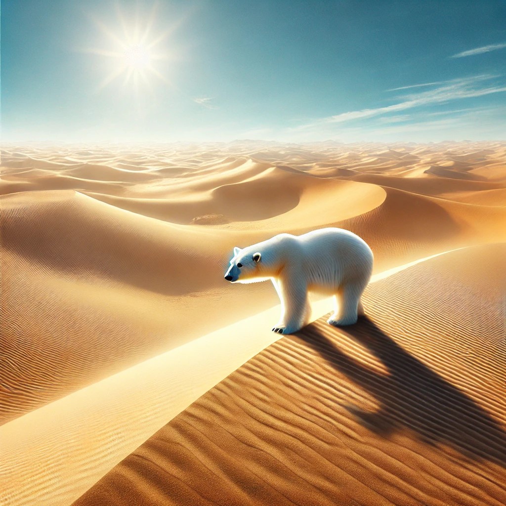 DALL·E 2025-01-26 23.58.52 - A surreal image of a polar bear standing in the middle of an arid...jpg