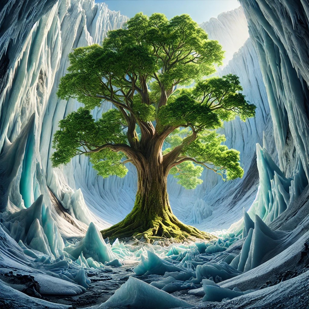 DALL·E 2025-01-27 20.40.54 - A square image of a giant tree growing in the center of an icy gl...jpg