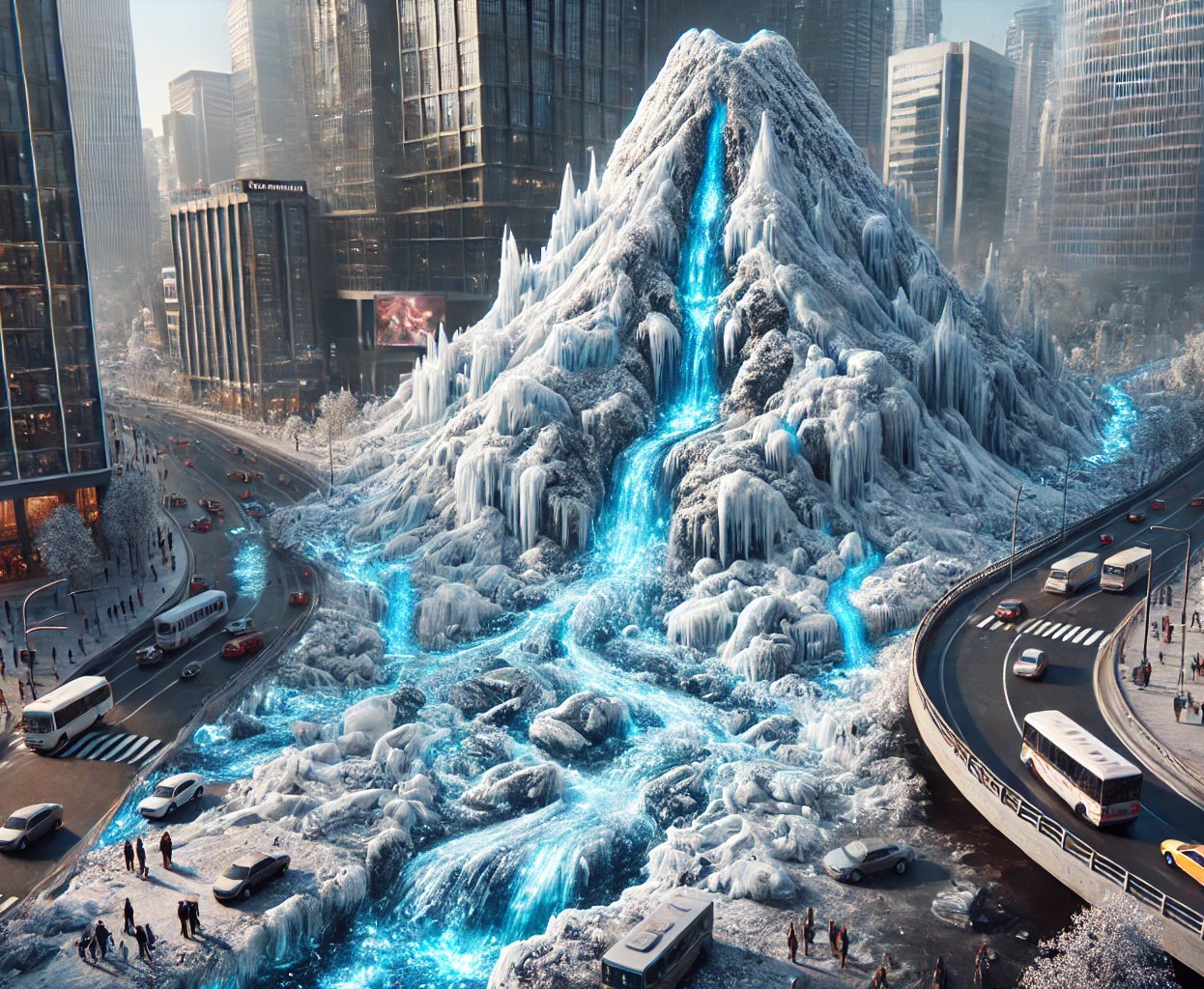 DALL·E 2025-01-28 14.33.14 - A surreal frozen volcano located at the edge of a bustling modern...jpg