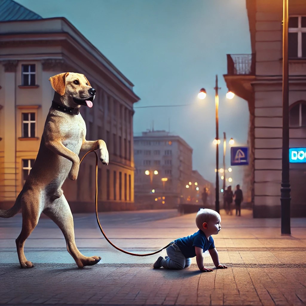 DALL·E 2025-01-29 20.59.13 - An anthropomorphic dog walking on two legs, holding a leash attac...jpg