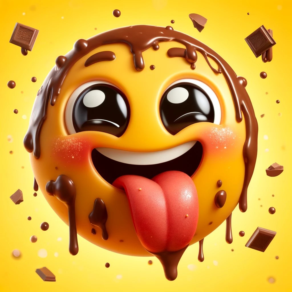 DALL·E 2025-01-31 01.07.19 - A joyful and happy emoji covered in chocolate, licking the remain...jpg