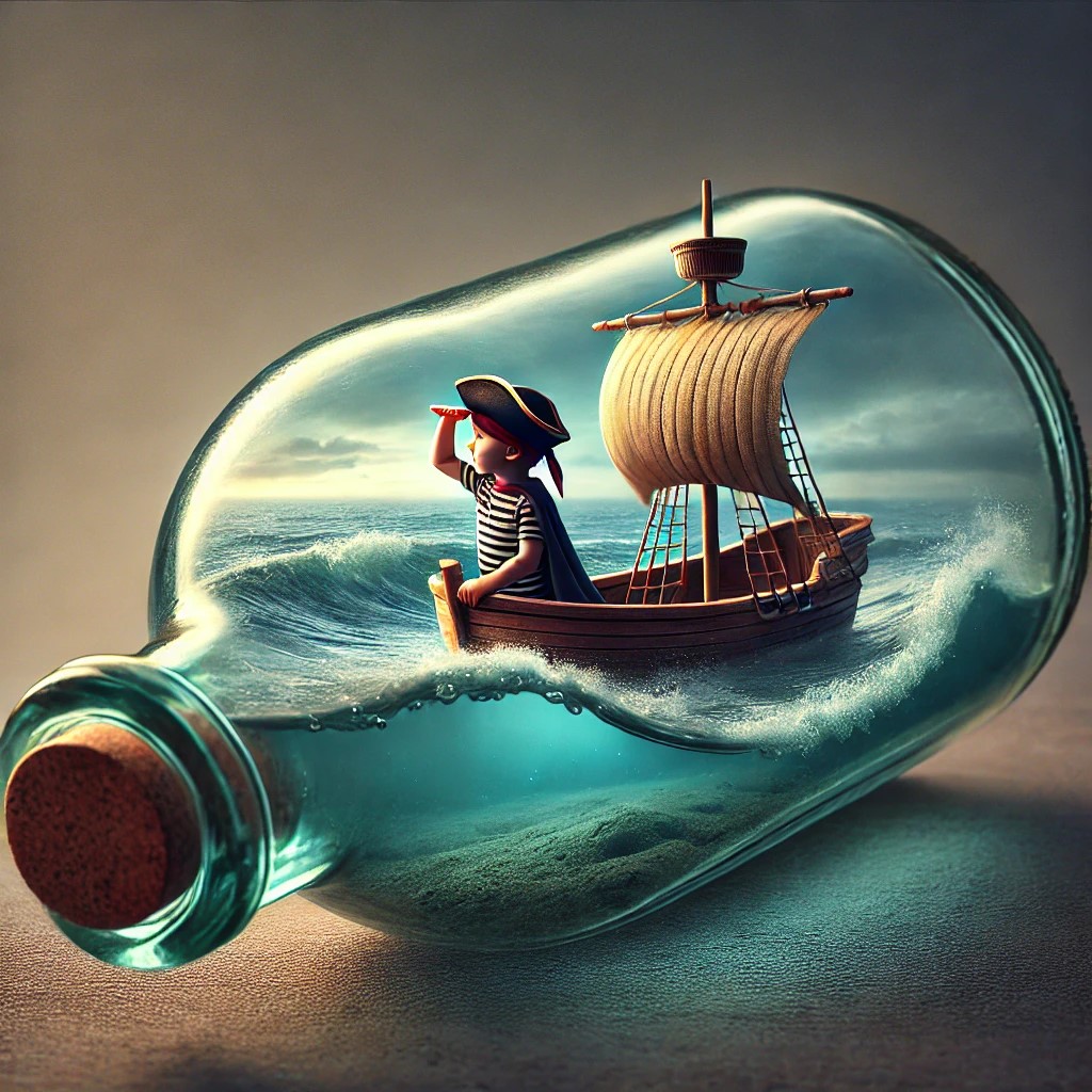 DALL·E 2025-02-03 21.34.00 - A surrealistic image of a glass bottle containing a sea with a sm...jpg