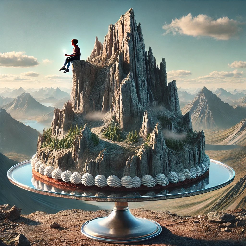 DALL·E 2025-02-03 21.57.52 - A surreal scene where a mountain peak shaped like a giant cake si...jpg