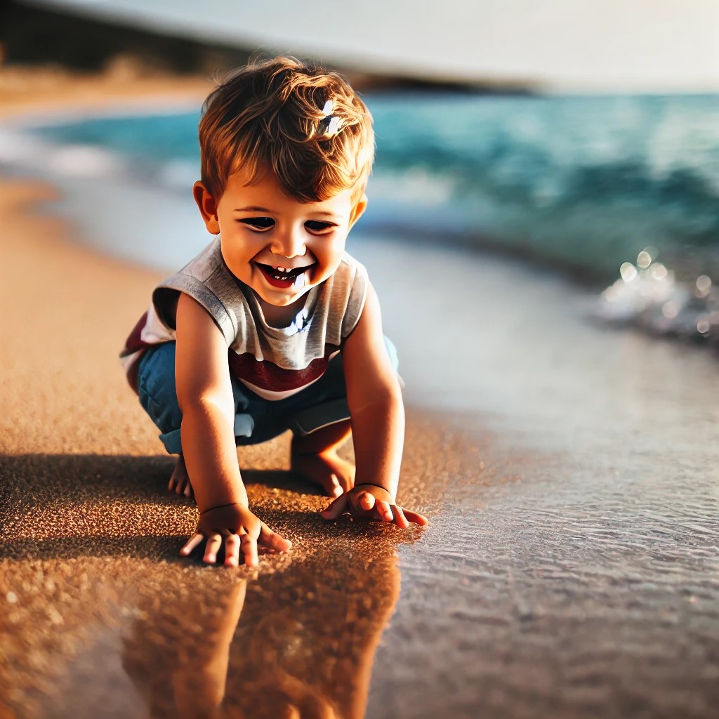 DALL·E 2025-02-04 23.11.50 - A joyful toddler on a sandy beach, crouching down and touching th...jpg
