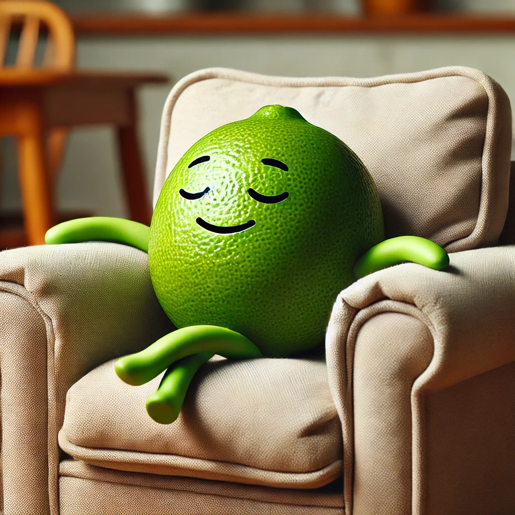 DALL·E 2025-02-05 20.07.52 - A lime fruit with a relaxed expression sitting comfortably on a c...jpg