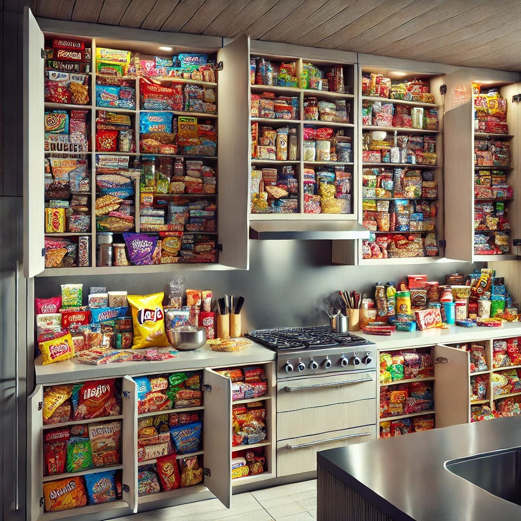 DALL·E 2025-02-06 23.03.51 - A modern kitchen with open upper cabinets, filled with large quan...jpg