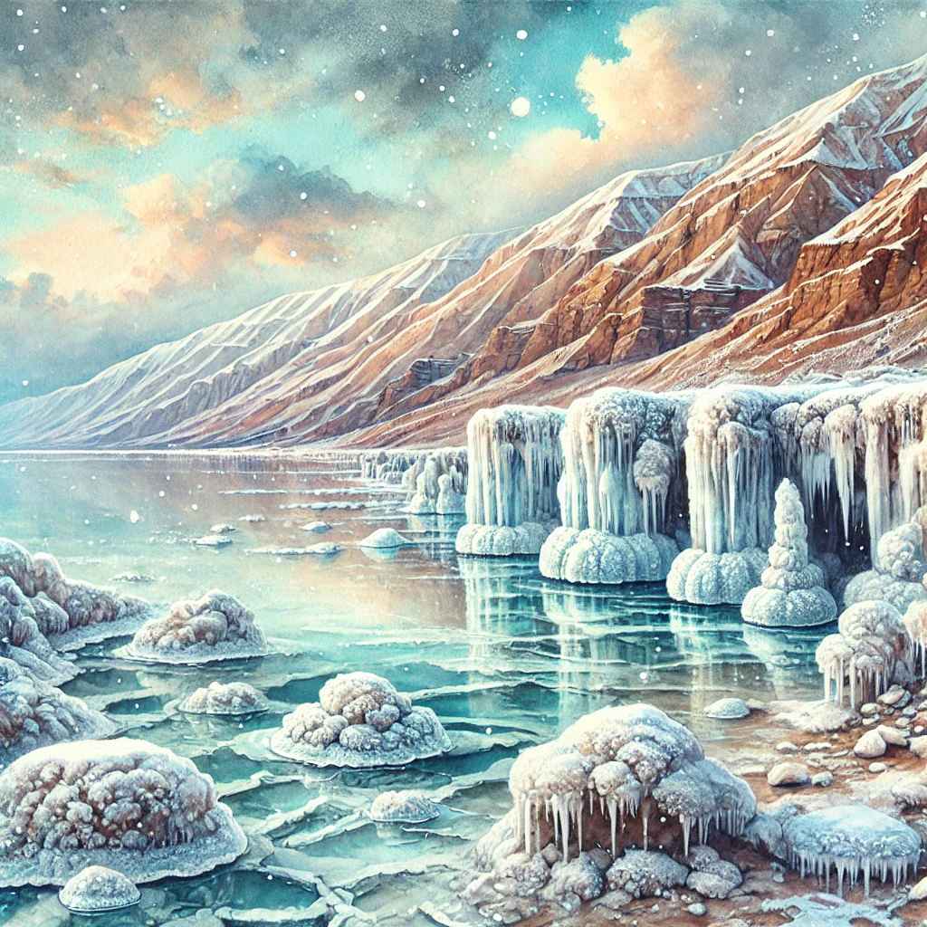 DALL·E 2025-02-08 21.57.36 - A dripping watercolor painting of the Dead Sea covered in heavy s...jpg