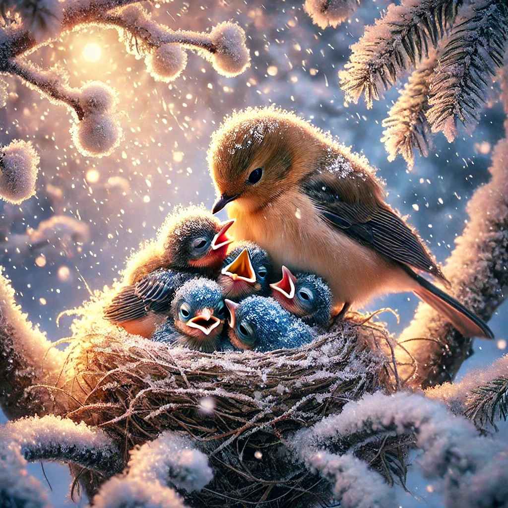DALL·E 2025-02-08 22.13.21 - A heartwarming and magical scene of a bird's nest covered in fres...jpg