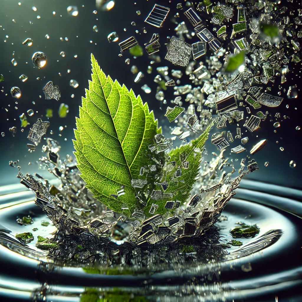 DALL·E 2025-02-09 22.26.29 - A shimmering droplet made of fragmented tiny drops, falling onto ...jpg