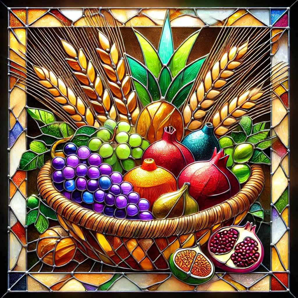 DALL·E 2025-02-10 23.46.55 - A square image of a 'Bikkurim' basket featuring the Seven Species...jpg