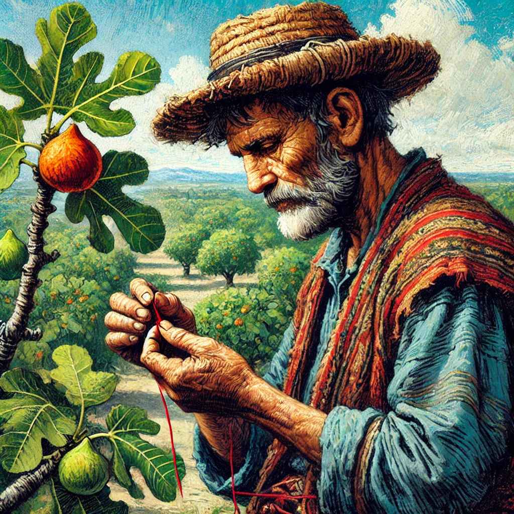 DALL·E 2025-02-11 00.04.53 - A hardworking farmer tying a red thread around a newly ripened fi...jpg
