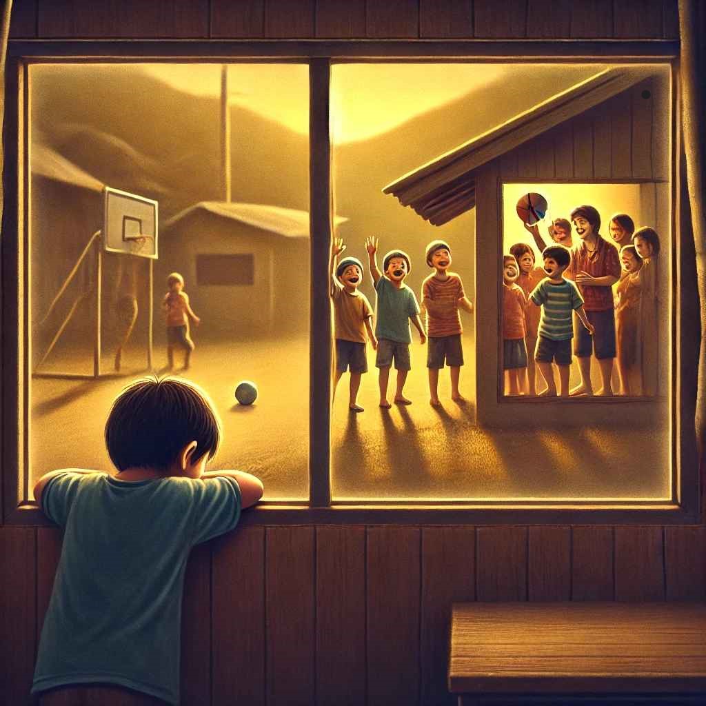 DALL·E 2025-02-13 22.02.05 - A square image depicting a heartfelt scene_ A sad child leans aga...jpg