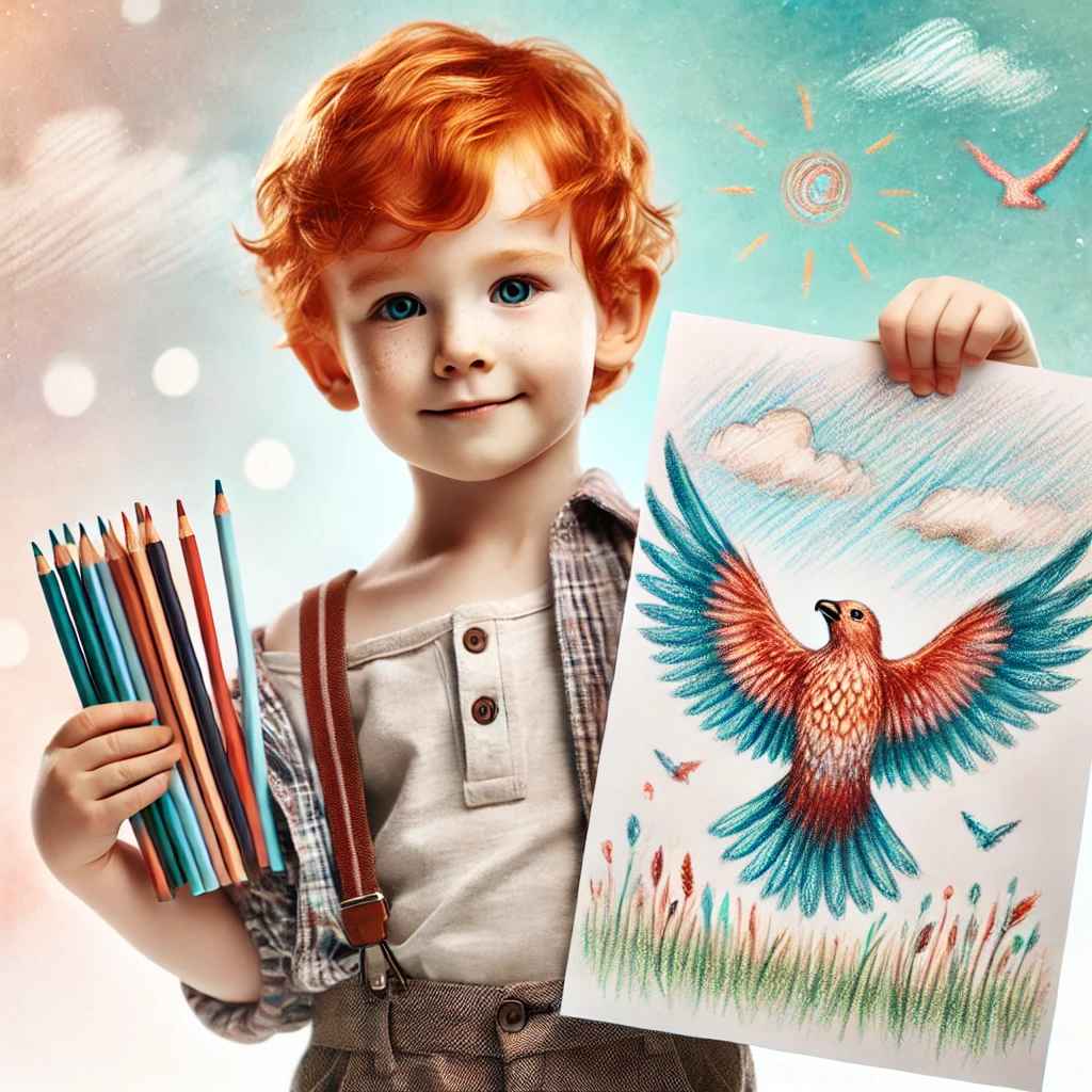 DALL·E 2025-02-15 22.37.09 - A young, small, and cute ginger-haired boy proudly displaying a c...jpg
