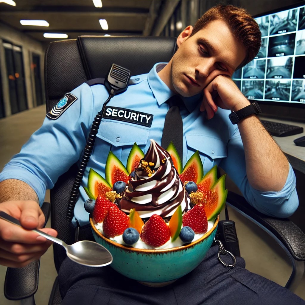 DALL·E 2025-02-17 00.12.39 - A tired security guard sitting in a chair, lazily eating an extre...jpg