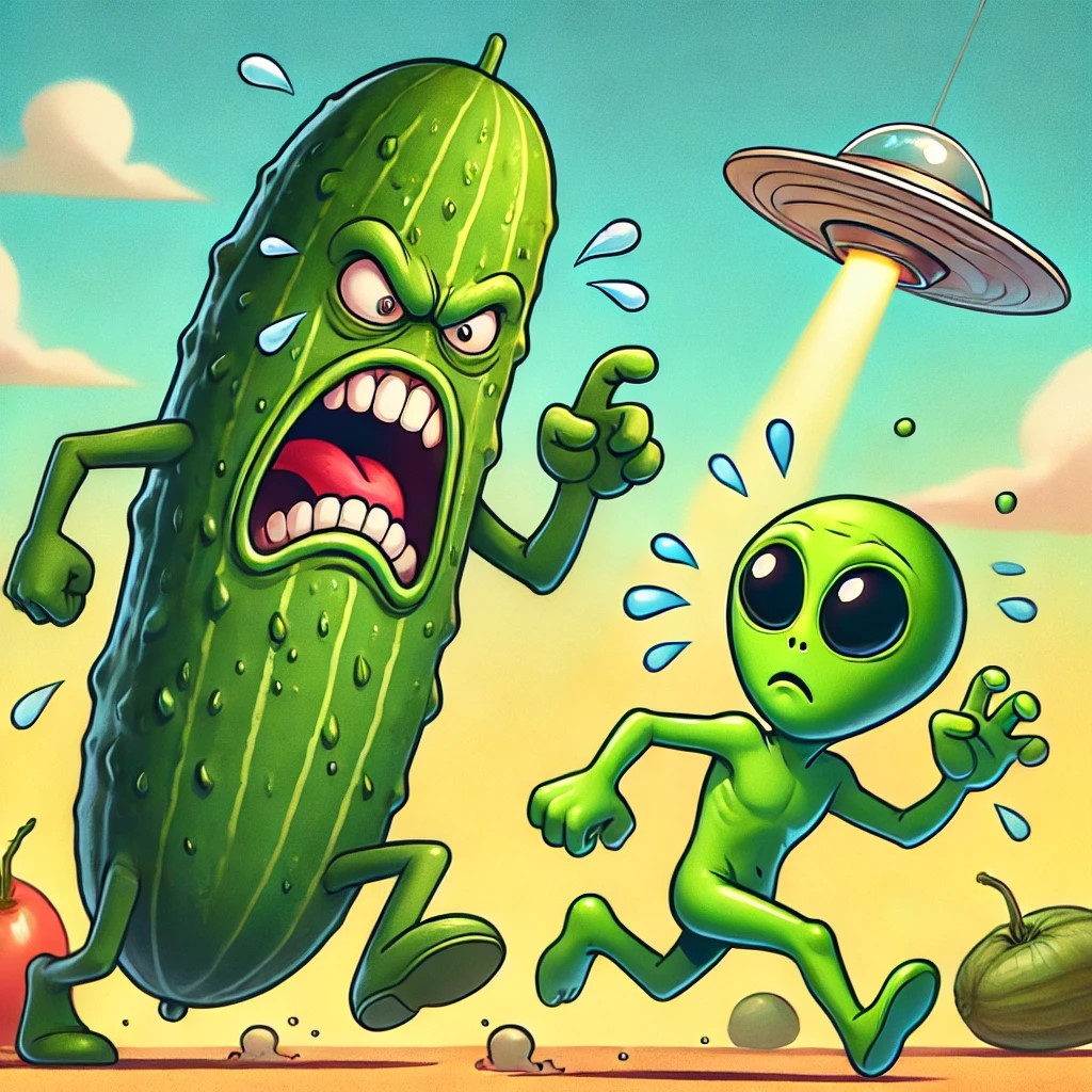 DALL·E 2025-02-17 20.04.27 - A giant cucumber chasing a scared alien in a funny and surreal sc...jpg