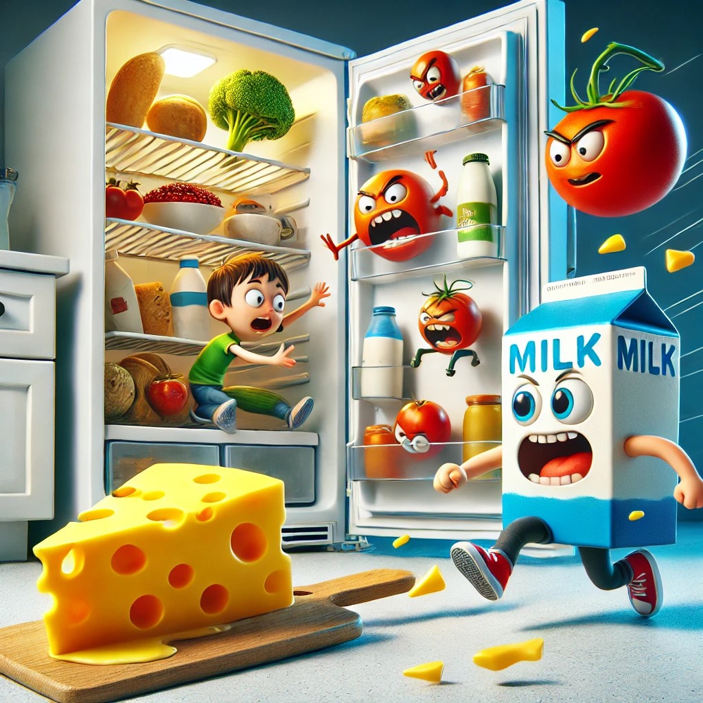 DALL·E 2025-02-17 20.34.43 - A chaotic and funny moment where a child opens the refrigerator, ...jpg