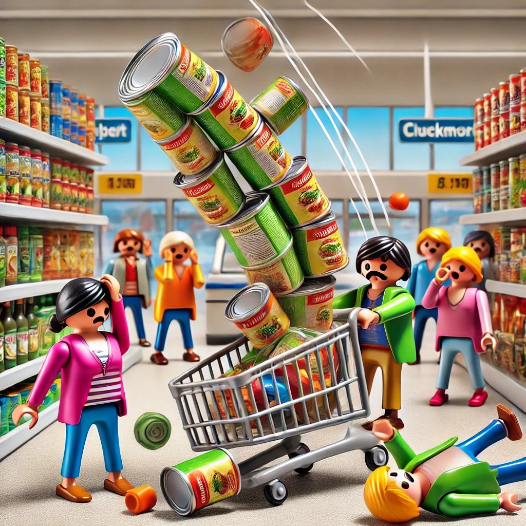 DALL·E 2025-02-19 23.08.10 - A humorous Playmobil scene set in a supermarket. A shopper strugg...jpg