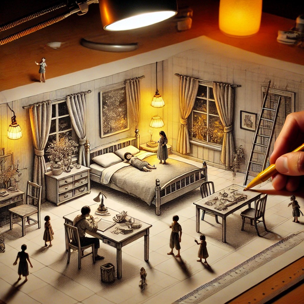 DALL·E 2025-02-26 22.12.25 - A large sheet of paper rests on a desk, featuring a detailed draw...jpg