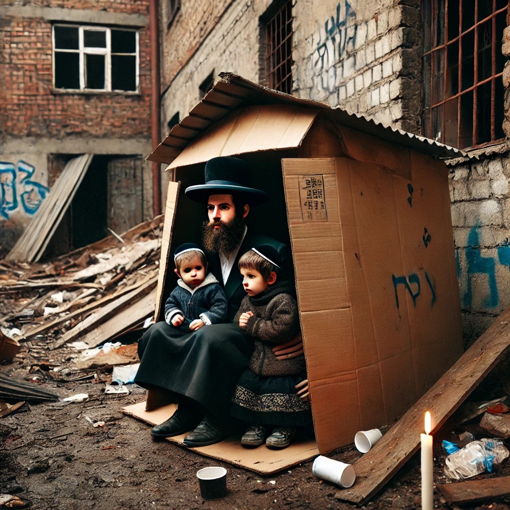 DALL·E 2025-03-03 00.19.48 - A small makeshift shelter made of cardboard is set up behind an a...jpg
