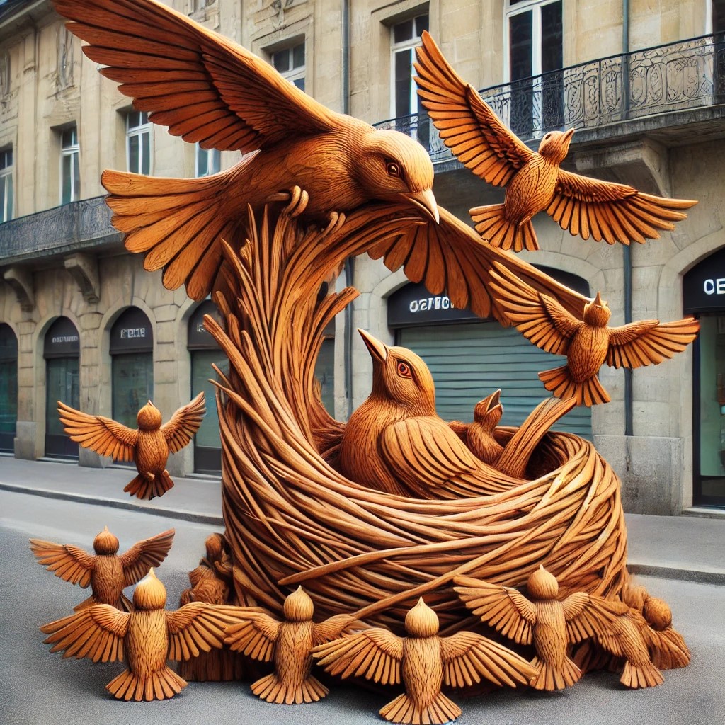 DALL·E 2025-03-04 01.54.06 - A large wooden sculpture in a deserted urban street, intricately ...jpg