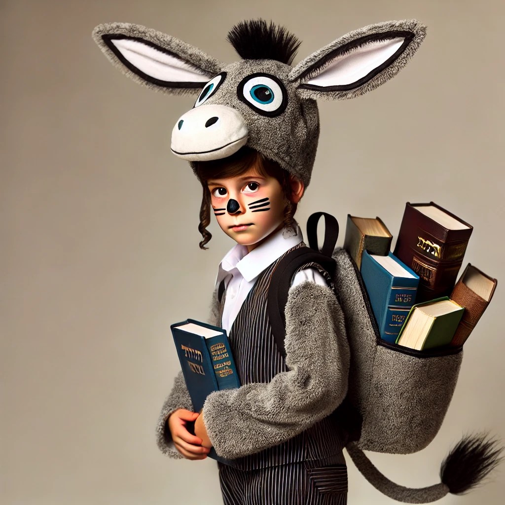 DALL·E 2025-03-06 09.33.20 - A young Orthodox Jewish boy dressed as the proverb 'A donkey carr...jpg