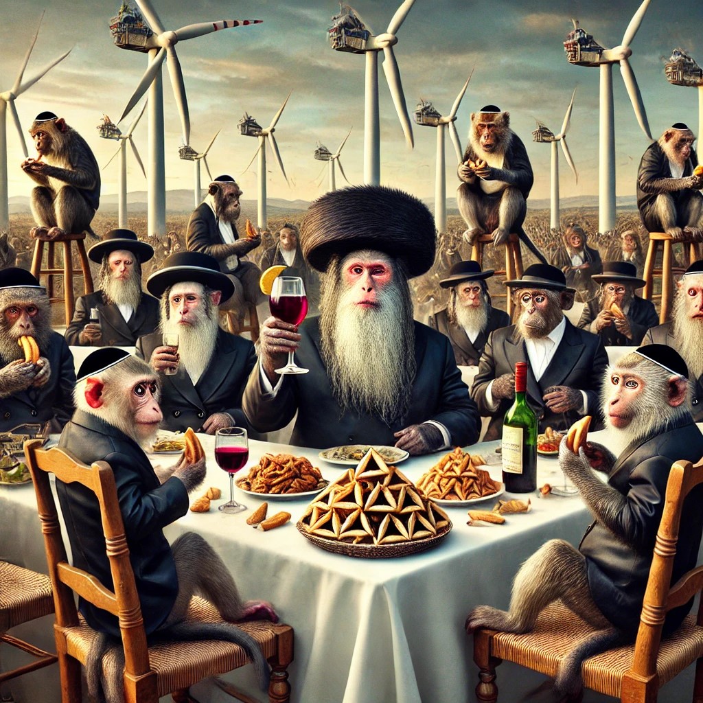 DALL·E 2025-03-09 20.17.19 - A surreal Purim feast with Hasidic Orthodox monkeys. The monkeys,...jpg