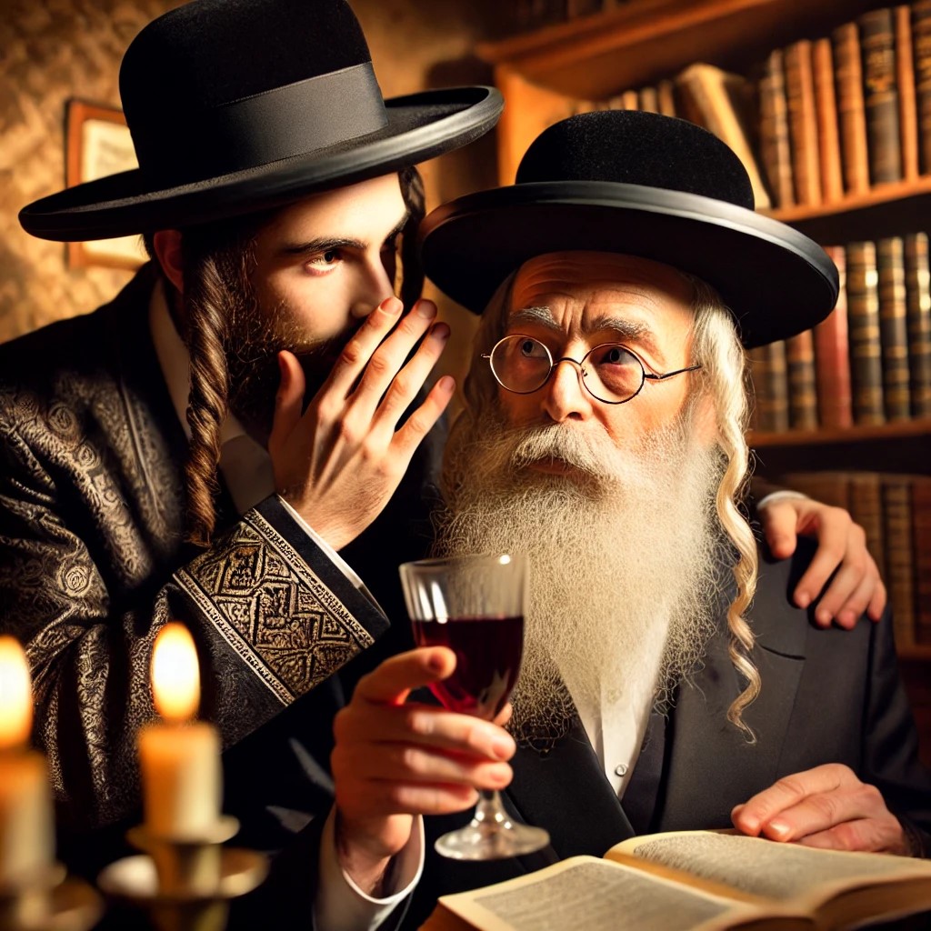 DALL·E 2025-03-11 00.17.05 - A Hasidic Jewish man whispering a secret into the ear of his Rebb...jpg