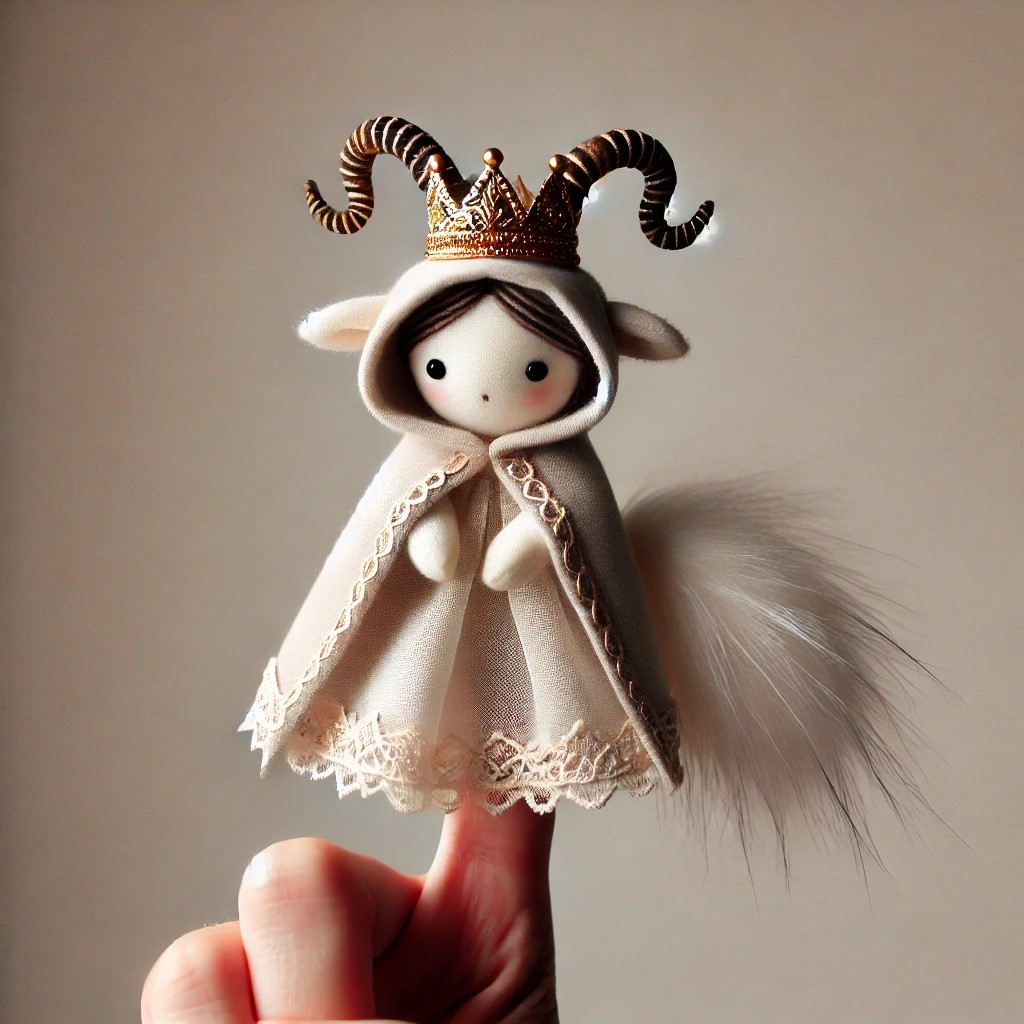 DALL·E 2025-03-11 19.50.24 - A finger puppet of a queen with a horn on her head and a tail. Th...jpg