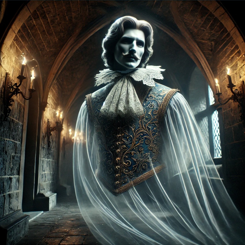 DALL·E 2025-03-20 23.45.43 - A translucent ghost of a medieval nobleman floats in a dimly lit,...jpg
