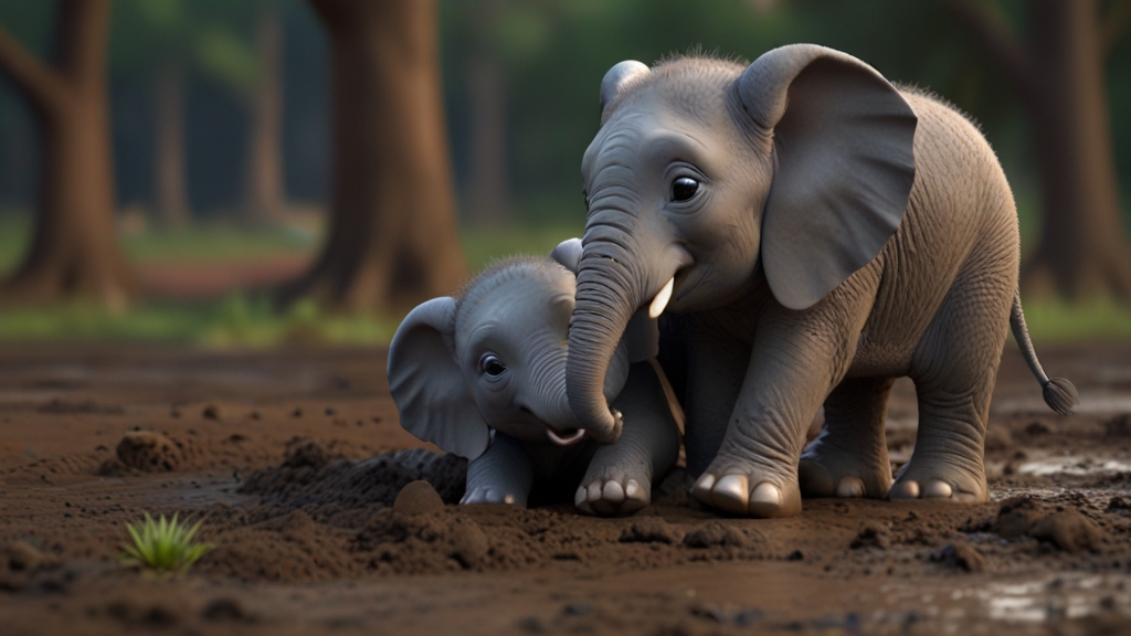 Default_3d_pixar_two_baby_elephants_rolling_in_mud_1.jpg