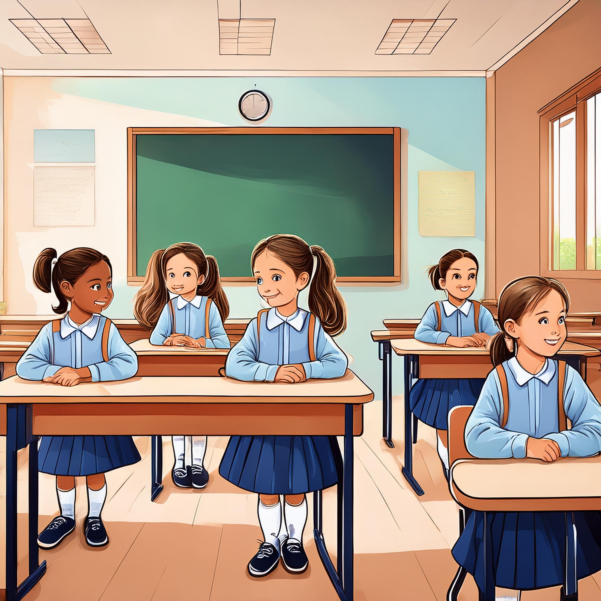 Drawing style_A classroom with rows of desks and a blackboard and a teacher's desk, white wal...jpeg